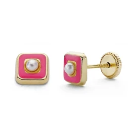Pendientes oro 18k perla esmalte rosa 5mm. [AA0335]