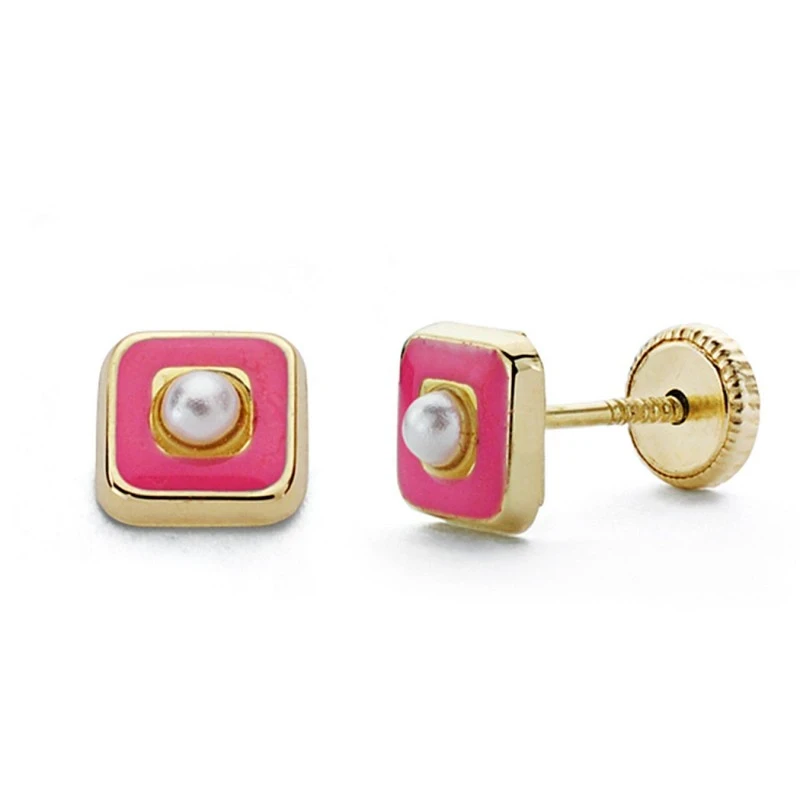 Pendientes oro 18k perla esmalte rosa 5mm. [AA0335]
