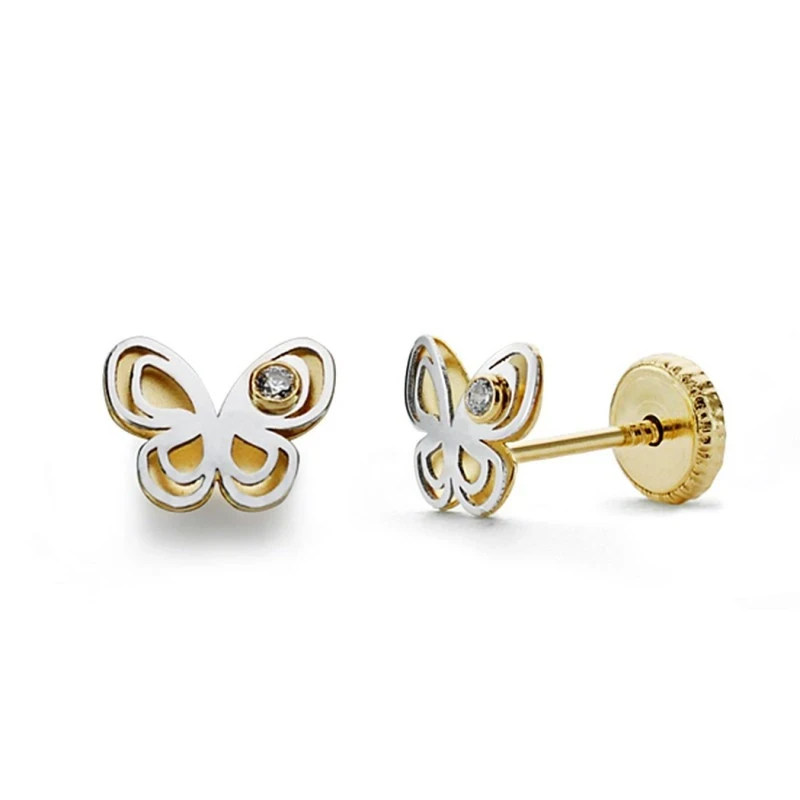Pendientes oro 18k bicolor mariposa circonita 6mm. [AA0342]