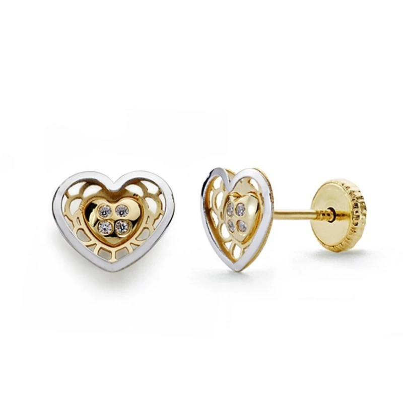 Pendientes oro 18k bicolor corazón circonita 7mm. [AA0347]