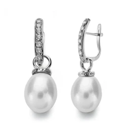 Pendientes oro blanco 18k perla 10mm. largos [AA0369]