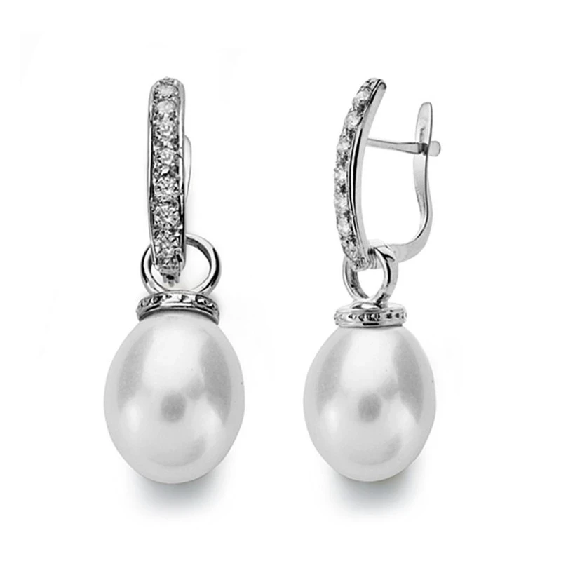 Pendientes oro blanco 18k perla 10mm. largos [AA0369]