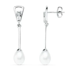 Pendientes oro blanco 18k perla 5mm. largos [AA0371]
