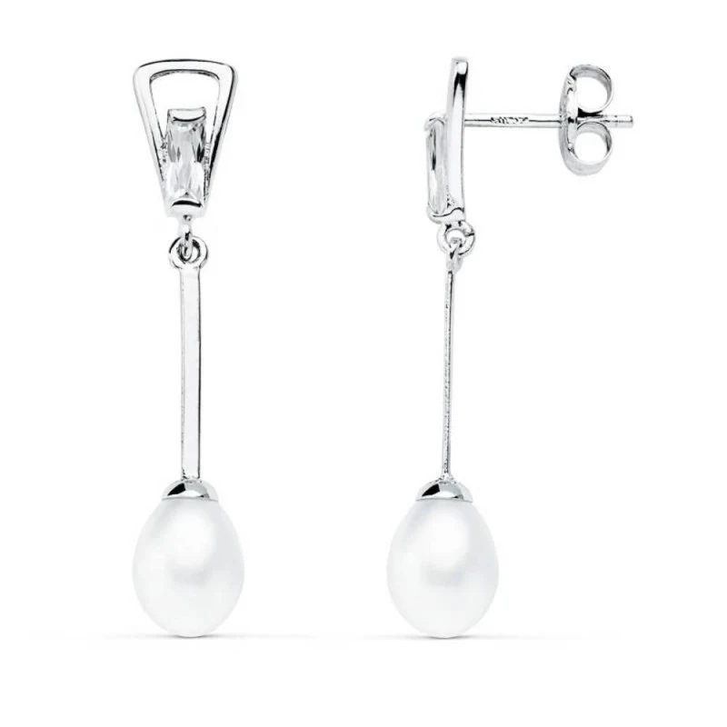 Pendientes oro blanco 18k perla 5mm. largos [AA0371]