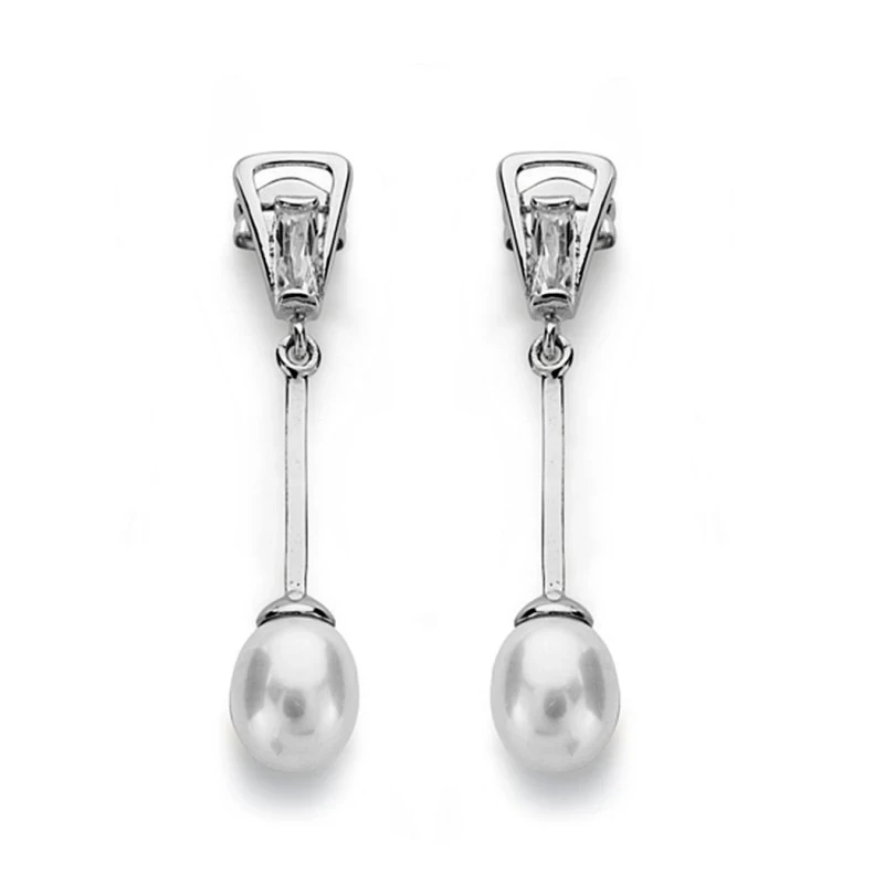 Pendientes oro blanco 18k perla 5mm. largos [AA0371]