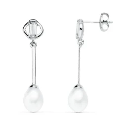 Pendientes oro blanco 18k perla 6mm. largos [AA0372]