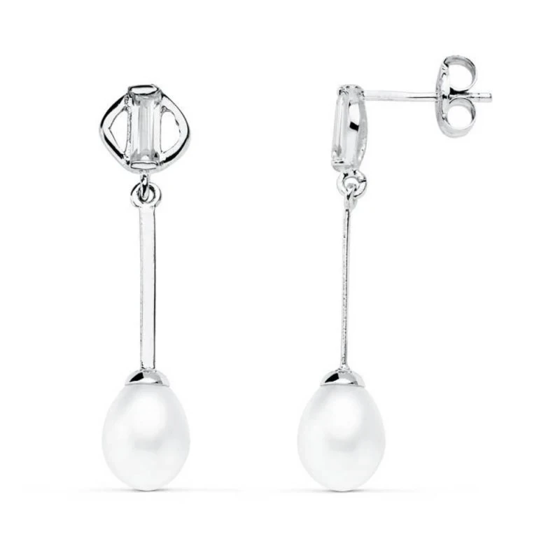 Pendientes oro blanco 18k perla 6mm. largos [AA0372]