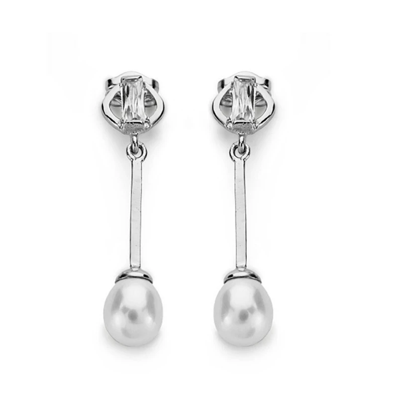 Pendientes oro blanco 18k perla 6mm. largos [AA0372]