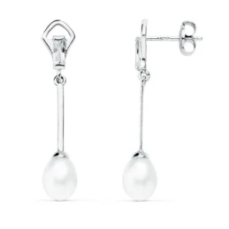 Pendientes oro blanco 18k perla 5mm. largos [AA0373]