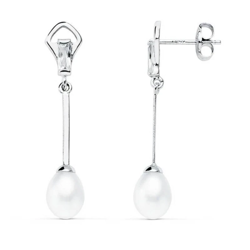 Pendientes oro blanco 18k perla 5mm. largos [AA0373]
