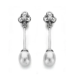 Pendientes oro blanco 18k perla 6mm. largos [AA0374]