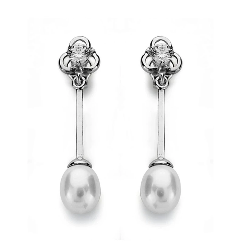 Pendientes oro blanco 18k perla 6mm. largos [AA0374]