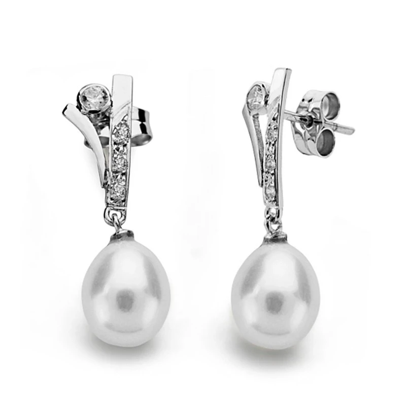 Pendientes oro blanco 18k perla 7mm. largos [AA0384]