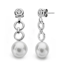 Pendientes oro blanco 18k perla 9mm. circonita largos [AA0385]