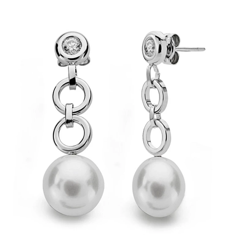 Pendientes oro blanco 18k perla 9mm. circonita largos [AA0385]