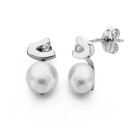 Pendientes oro blanco 18k perla 11mm. circonita [AA0387]