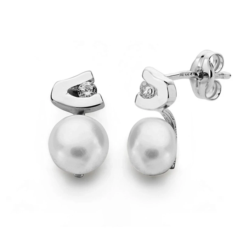 Pendientes oro blanco 18k perla 11mm. circonita [AA0387]