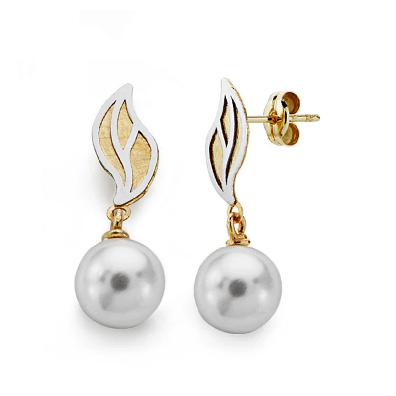 Pendientes oro 18k bicolor perla 8mm. largos [AA0391]