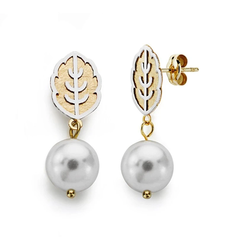 Pendientes oro 18k bicolor perla 8mm. largos [AA0392]
