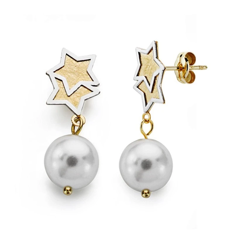 Pendientes oro 18k bicolor perla 8mm. largos [AA0393]