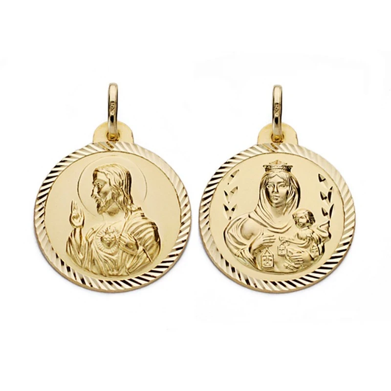 Medalla oro 18k Virgen del Carmen y Cristo Jesús 22mm. [AA0559]