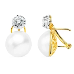 Pendientes oro blanco 18k perla japonesa 14mm. garra [AA0664]