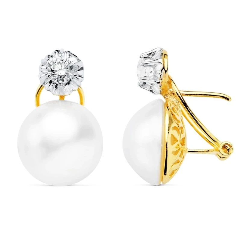 Pendientes oro blanco 18k perla japonesa 14mm. garra [AA0664]