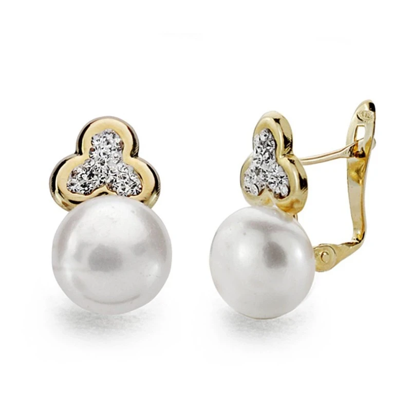 Pendientes oro 9k perla 9mm. trébol [AA0808]