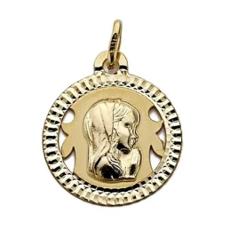 Medalla oro 18k Virgen Niña redonda calada 18mm. [7697]