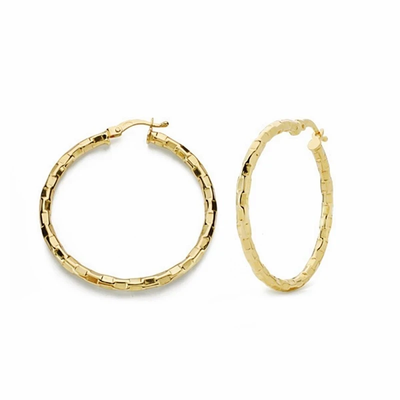 Pendientes oro 18k aros 34mm. huecos labrados cuadros [AA1641]