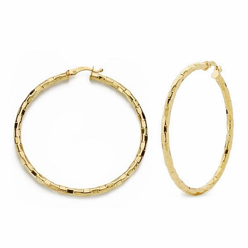 Pendientes oro 18k aros 44mm. huecos labrados cuadros [AA1642]