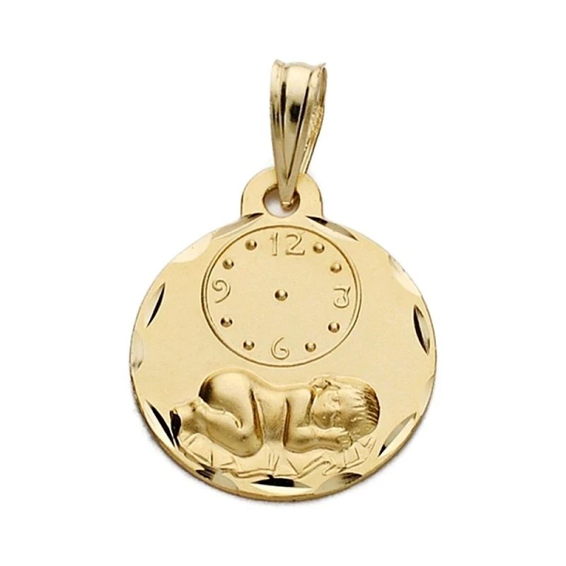 Medalla oro 9k niño reloj 15mm. marca horaria nacimiento [AA1746GR]