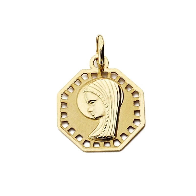Medalla oro 9k Virgen Niña 17mm.  calada exagonal [AA1754]