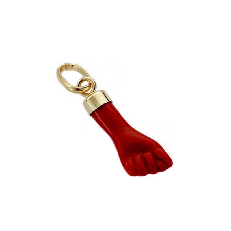 Colgante oro 18k mano puño higa roja 17mm. [AA1823]