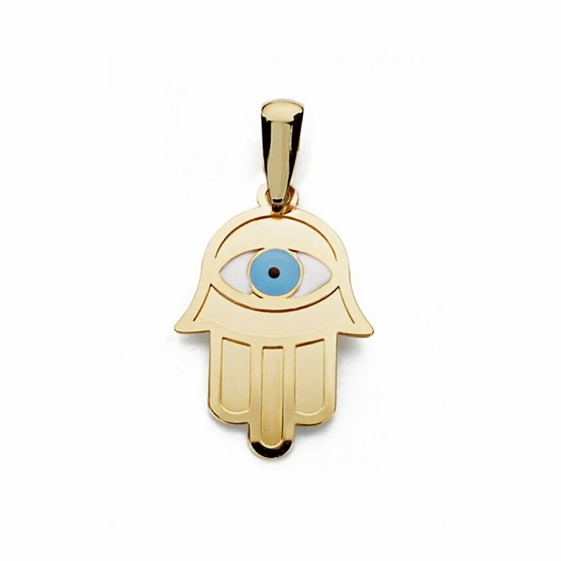 Colgante oro 18k mano fátima ojo turco 19mm.  [AA1831]