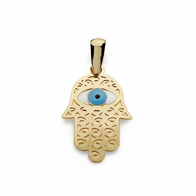 Colgante oro 18k mano fátima ojo turco 19mm. labrada [AA1832]