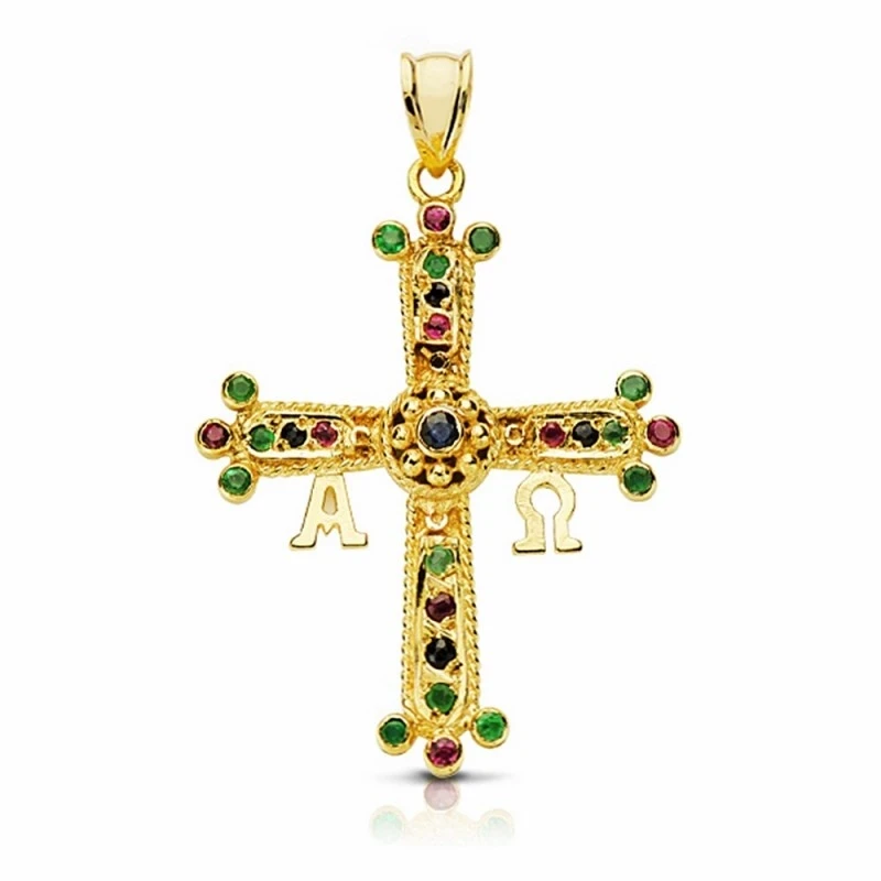 Cruz oro 18k Covadonga asturiana 33mm. piedras finas [AA1931]