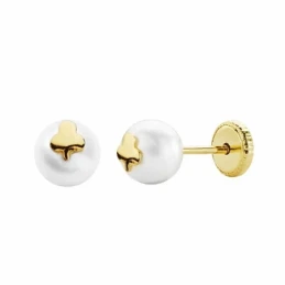 Pendientes oro 18k perla trébol 6mm. cierre tornillo [AA1968]