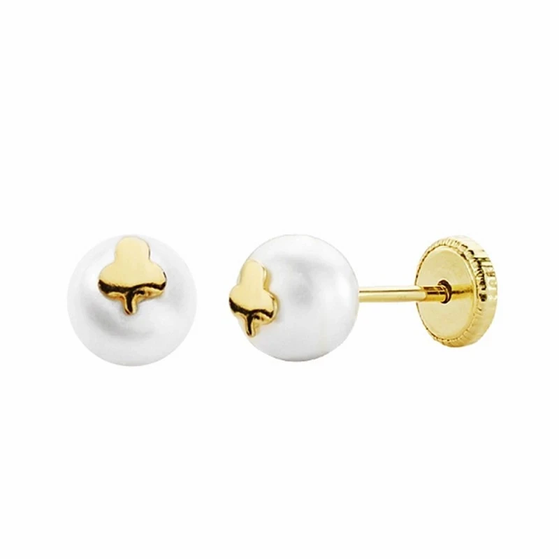 Pendientes oro 18k perla trébol 6mm. cierre tornillo [AA1968]