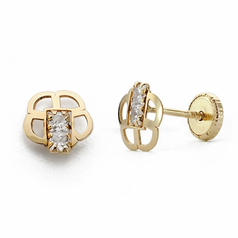 Pendientes oro 18k flor circonitas 6.5mm. cierre tornillo [AA1973]