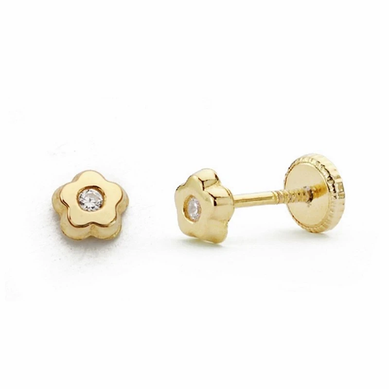 Pendientes oro 18k flor 4mm. circonita cierre tornillo [AA2059]