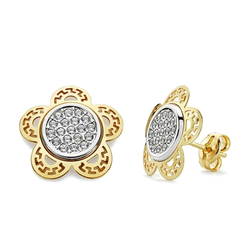 Pendientes oro 18k bicolor 12mm. flor circonitas [AA2081]