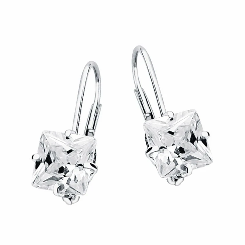 Pendientes oro blanco 18k piedra cuadrada 7mm. cierre hippie [AA2092]
