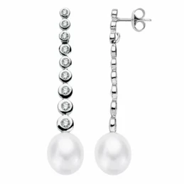 Pendientes oro blanco 18k largos 40mm. perlas cierre presión [AA2100]