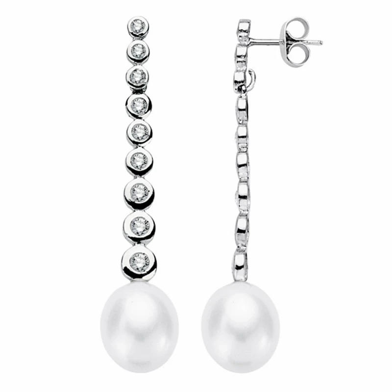 Pendientes oro blanco 18k largos 40mm. perlas cierre presión [AA2100]