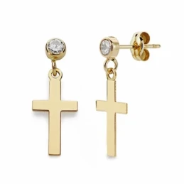 Pendientes oro 18k largos cruz 12mm. lisa chatón circonitas  [AA2102]