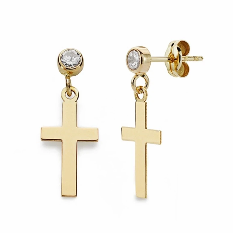 Pendientes oro 18k largos cruz 12mm. lisa chatón circonitas  [AA2102]