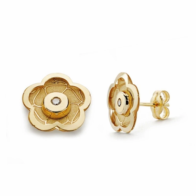 Pendientes oro 18k flor 10mm. circonitas cierre presión [AA2126]
