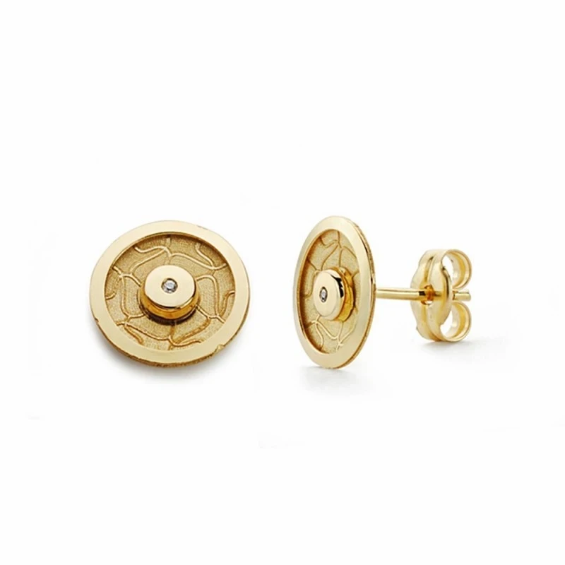 Pendientes oro 18k redondos 8.5mm circonitas cierre presión [AA2127]