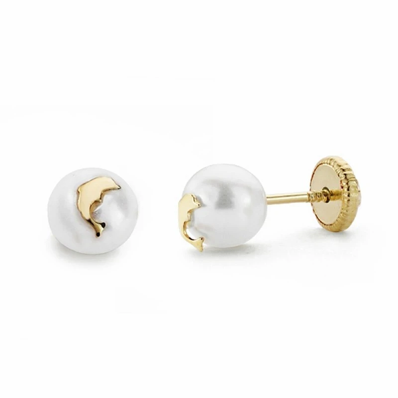 Pendientes oro 18k perlas 6mm. delfín cierre tornillo [AA2135]